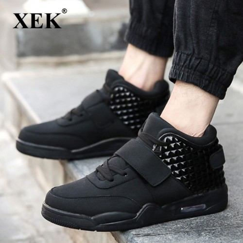 XEK Men Fashion Shoes Winter Casual Breathable High Top Shoes Flat Wedge Rubber Sole Leather Vulcanized 